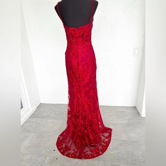 fitted lace wedding dress Mac Duggal Women's Crepe Strapless Mermaid with 3D Flowers Gown - Red